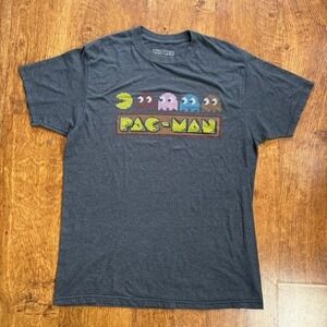 Pac-Man Graphic T-Shirt Mens Large Faded Grey Blue Pixel Ghosts Bandai Namco